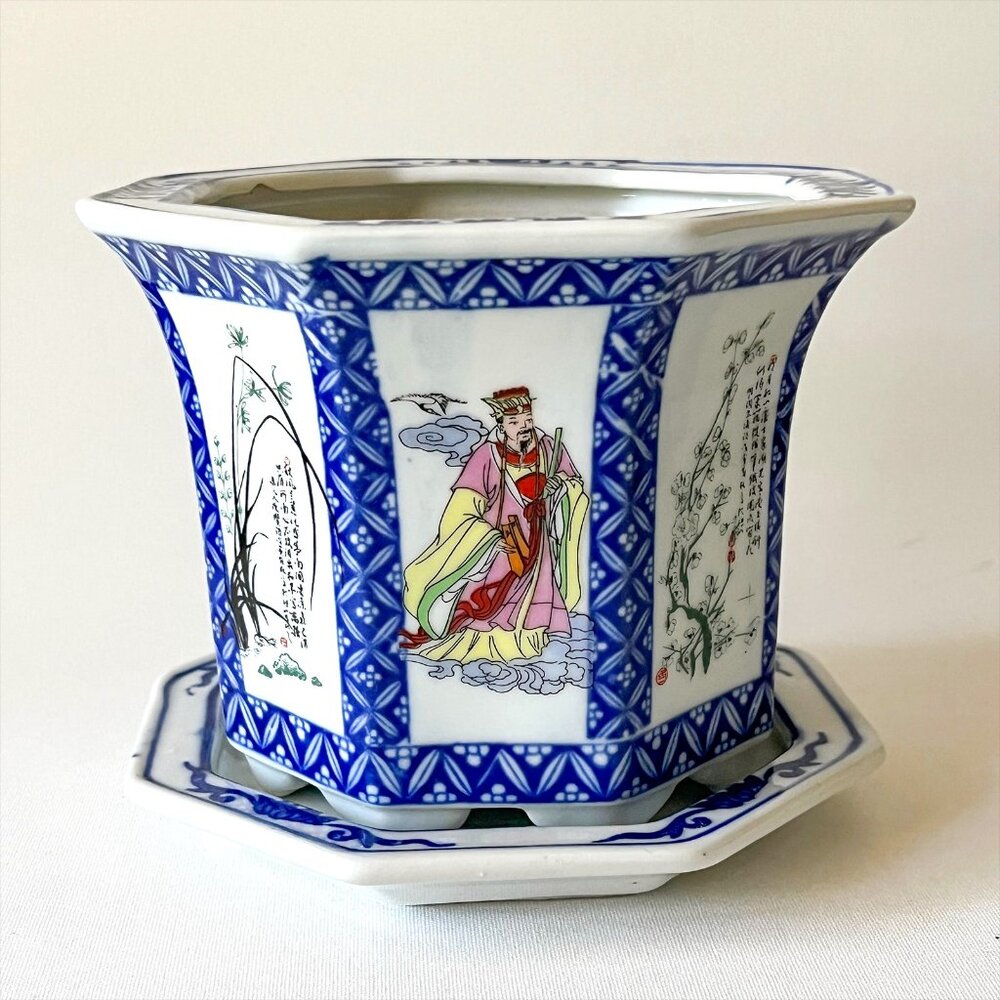 Vintage Chinese Immortals Flowers Poems Octagon Flowerpot w/ Saucer Blue & White